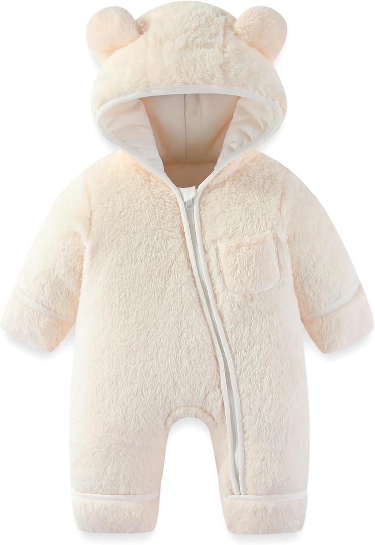 Newborn Baby Bear Outfit With Fold-Over Mittens and Footies Girls Boys Winter Fleece Clothes Hooded Romper Snowsuit (0-3 Months, Thickened-white)