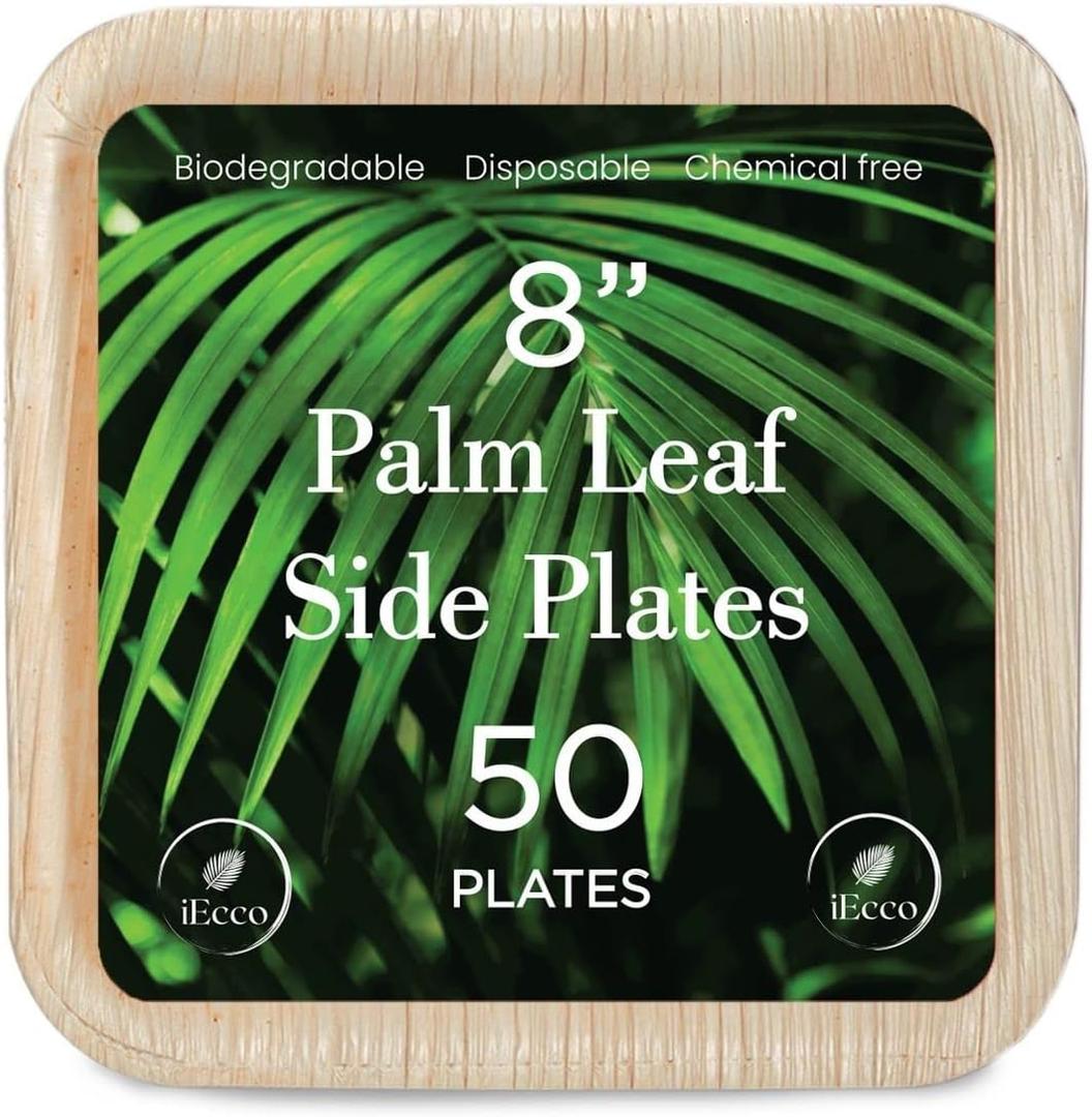 8" Square Palm Leaf Disposable Plates (50-Pack) | Premium Biodegradable, Eco-friendly Heavy Duty |100% Like Natural Bamboo Plates | Ideal for Parties, Weddings, Catering Events
