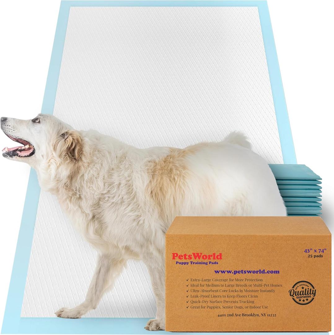 PETSWORLD Premium Extra Large Dog Pee Pads (43" x 74") Jumbo Puppy Training & Incontinence Pads for Large Dogs & Multi-Pet Homes Leak-Proof, Odor Control, 5-Layer Absorbency, 25 Count