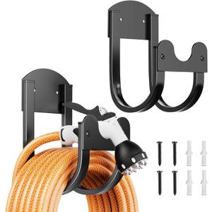 Garden Hose Holder Wall Mount - Metal Water Hose Hanger for Outside, Durable Hose Hook for Garden Garage Yard Storage (Black-2PCS)