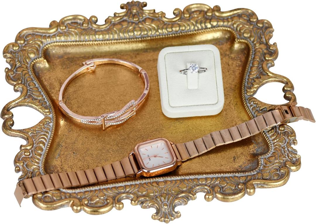 Funly mee Antique Trinket Dish Vintage Metal Jewelry Tray, Wedding Ring & Necklace Holder -8 x 7 inches (Gold, M)