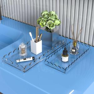 2 Pack Scalloped Acrylic Bathroom Vanity Tray for Counter Clear Acrylic Trays for Organizing Perfume Sponge Soap Makeup Storage Holder Toilet Tray Decor (Large: 11"L x 5"W + Middle: 8"L x 4"W)