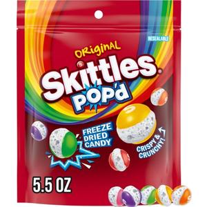 SKITTLES POP'd Originals Freeze Dried Candy, Resealable Bag, 5.5 oz | Crunchy freeze dried candy rainbow bites, crunchy fruity flavor candies for snack time and movie nights, party, goodie bags (EXP 10/01/26)