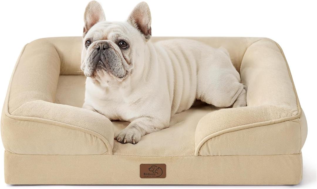 Bedsure Orthopedic Dog Bed for Medium Dogs - Waterproof Dog Sofa Beds Medium, Supportive Foam Pet Couch Bed with Removable Washable Cover, Waterproof Lining and Nonskid Bottom, Light Khaki (28.0"L x 23.0"W x 6.5"Th)