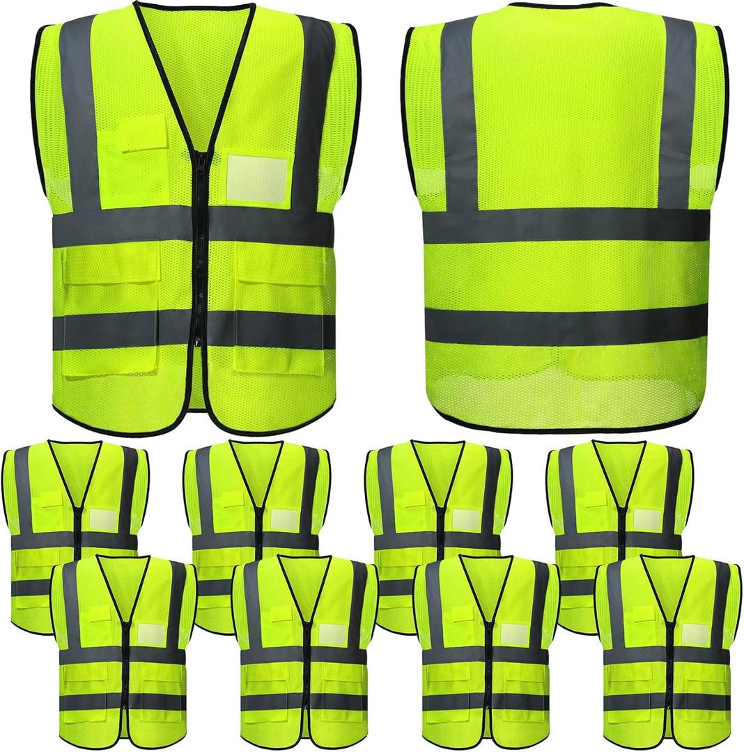 JenPen 10 Pieces Reflective Safety Vests with Pockets and Zipper, High Visibility Mesh Construction Vest for Men Women (Large, Green)