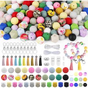 Skalamio 246Pcs Silicone Beads, 15mm Beads for Keychain Making, Multiple Styles Silicone Beads Bulk, Floral Printed Rubber Beads for Keychains Necklace Bracelet Lanyard Making