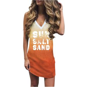 Live Simple Coconut Tree Sleeveless Dress Sunshine Sand Beach Women's Summer Casual V Neck Mini Dress (Large, Orange)