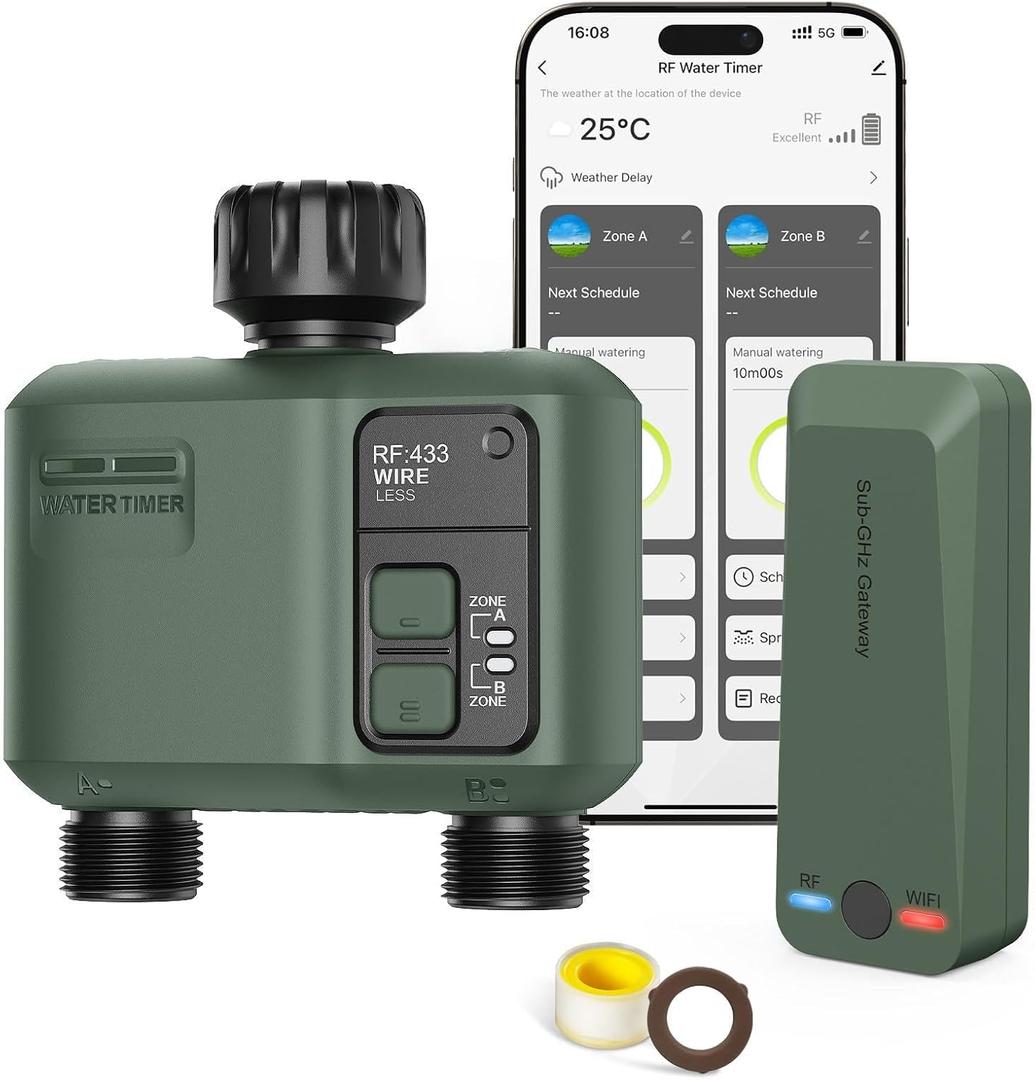 WiFi Water Timer 2 Zone for Garden Hose, Smart Sprinkler Timer with 984ft RF Range, Smart Lawn Watering System Irrigation Controller, APP/Voice Control, Rain Delay, Automatic/Manual Irrigation