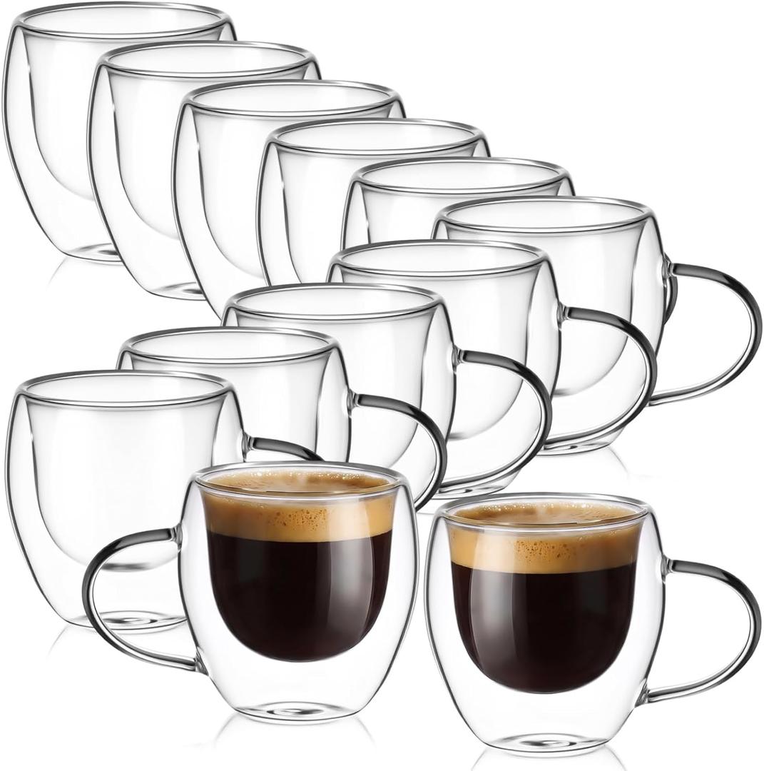 12 Pack Espresso Cups Double Wall 5oz Hand Blown Glass Coffee Mugs Clear Insulated Glass Coffee Shots Cups with Handle for Espresso Machine, Cappuccino, Latte, Tea