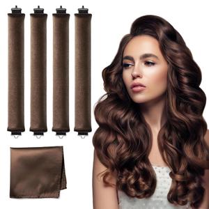 Heatless Hair Curler Velvet, Heatless Curls Overnight Hair Curlers to Sleep in, Overnight Rods Heatless Curls for Short Long Hair All Hair Types Styling Tools-4PCS Brown