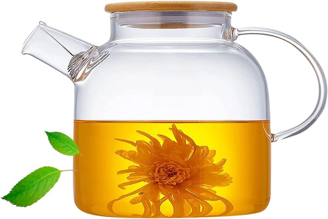 Glass Teapot 50.7oz/1500ml, Stovetop & Microwave Safe Borosilicate Tea Pot,Clear Teapot with Strainer, Glass Tea Kettle with Wooden Lid for Loose LeafFruit Tea and Fragrant Tea