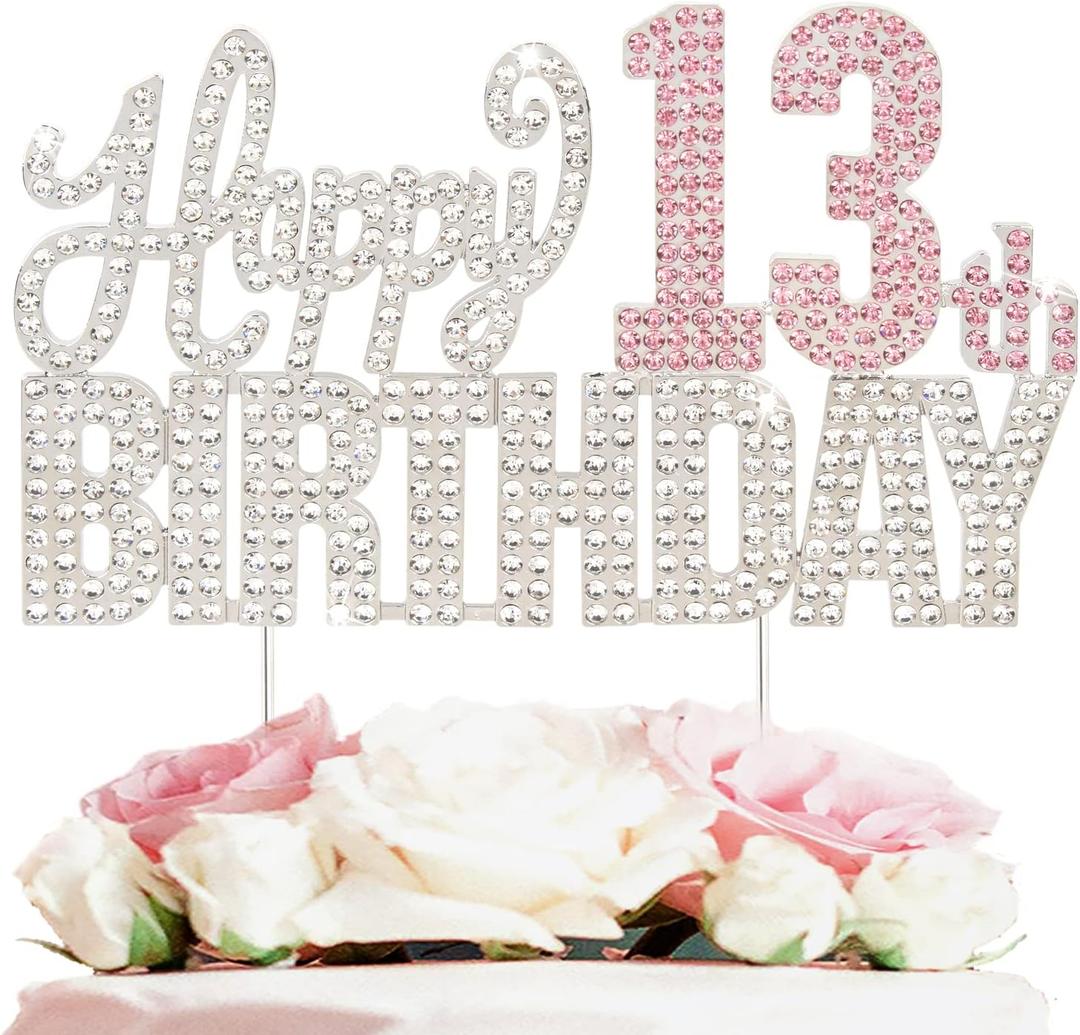 Happy 13th Birthday Silver & Pink Rhinestone Cake Topper - Cheers to 13 Years Old Thirteen Bday Metal Sparkly Cake Centerpieces Topper Decorations Sign.