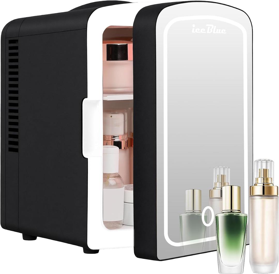Iceblue Mini Fridge, Skincare Fridge with Dimmable LED Light Mirror, 4 Liter /6 Cans Small Refrigerator for Beauty & Beverages,Mini Fridge for Bedroom, Car, Office & Dorm, Gift - Black