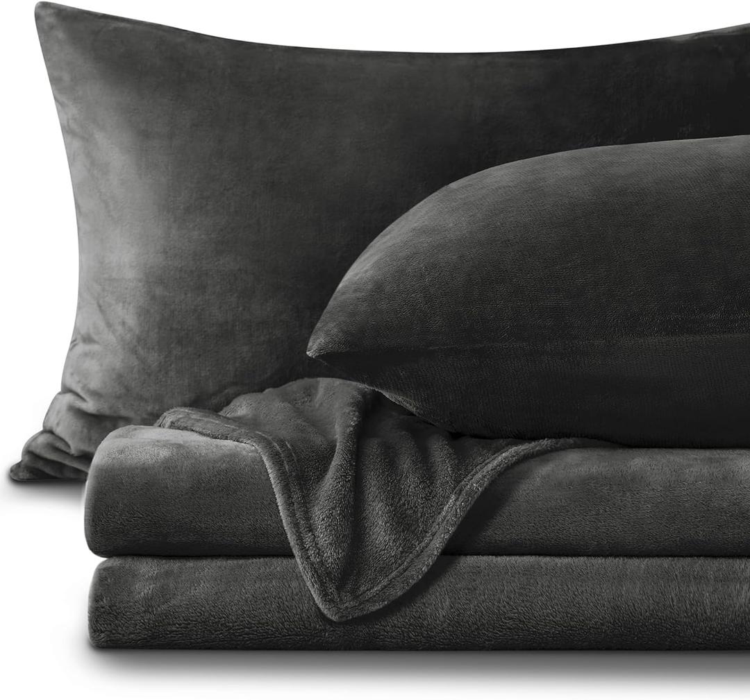 BEDELITE Flannel Sheets Queen Size Dark Grey - Super Soft Fleece Sheets Set Fluffy Extra Plush, 4 Piece(Include Fitted Sheet, Flat Sheet, 2 Pillowcases)