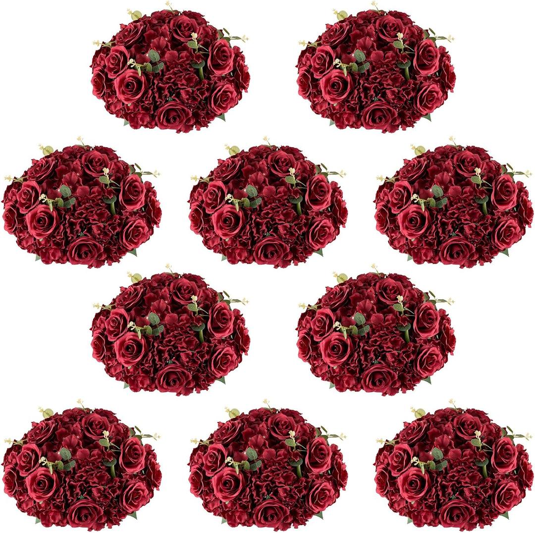 NUPTIO Flower Wedding Centrepieces for Tables: 10 Pcs Burgundy Artificial Flowers Roses Balls 14.2 inch Diam for Centerpiece Fake Silk Rose Arrangements Weddings Reception Birthday Party Decoration