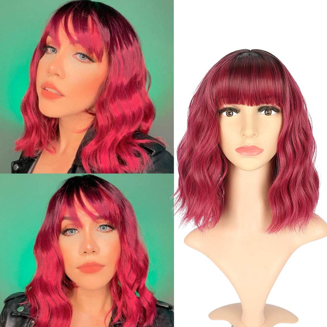 VCKOVCKO Ombre Color Natural Wavy Bob Wig With Air Bangs Short Bob Wigs Women's Shoulder Length Wigs Black to Pink Purple Curly Wavy Synthetic Cosplay for Girl Colorful Wigs(12", Black to WineRed)