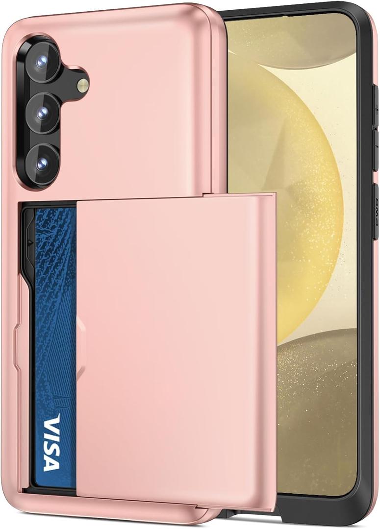 Jiunai for Samsung S25 S24 Case with Card Holder Wallet Pocket Credit Card License IDs Dual Layer Protective Rugged Shell TPU Edge Slide Wallet Phone Case for Samsung Galaxy S24 S25 6.2'' Rose Gold