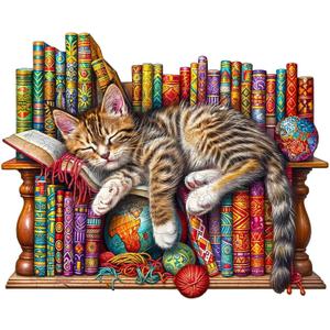 Wooden Puzzles for Adults, Snoozing Cat Wooden Jigsaw Puzzles for Adults, Library Kitten Wood Puzzles Adult, Unique Animal Shape, Gifts for Cat Lovers & Friends, Home Decor (M -11.4 * 9.2in -190 pcs)