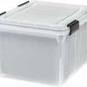 IRIS USA File Box WeatherPro Organizer Plastic for Letter/Legal, Water Resistant Document, Durable Lid, Seal w/Secure Latching Buckles, Stackable, Nestable, Clear 32 Qt. 1 Pack