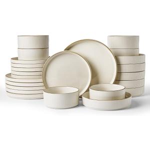 Famiware Star 24-Piece Stoneware Dinnerware Set with Trim, Service for 6 - Shallow Pasta Bowls & Flat Plates, Dishes for Everyday & Formal Use, Chip/Scratch Resistant, Microwave/Dishwasher Safe, White