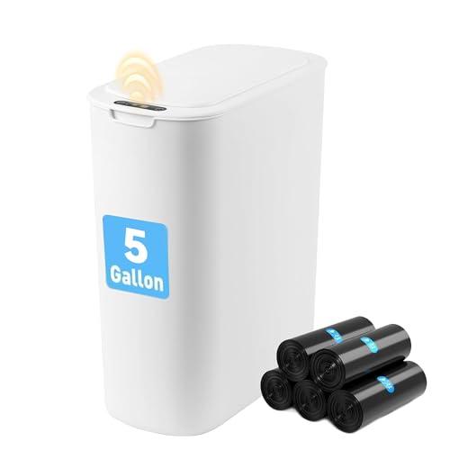 FRESHLIX Automatic Motion Sensor Bathroom Trash Can with Lid, 5 Gallon Touchless Trash Bin, Smart Electric Narrow Waterproof Garbage Bin for Toilet, Office, Rv, Bedroom, Living Room, White