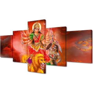 Bedroom Decor Wall Art Maa Durga Poster Print on Canvas 5 Pieces Hinduism Cultural Wall Decorations for Living Room, Office Modern Artwork for Home Walls Ready to Hang (50''Wx 24''H)