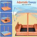 Kids Wooden Sandbox with Cover, Foldable Bench Seats, Retractable Roof, Outdoor Playset, Large Sand Pit with Lid (Natural Wood, Blue & White Striped Canopy, 48 Inch)