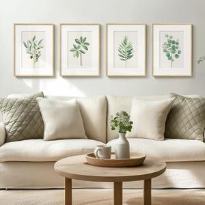 Framed Boho Sage Green Botanical Wall Art for Living Room, Farmhouse Minimalist Plant Artwork for Walls, 4 piece Vintage Leaf Picture Prints for Bathroom Bedroom Kitchen Wall Decor, 12x16 Inch
