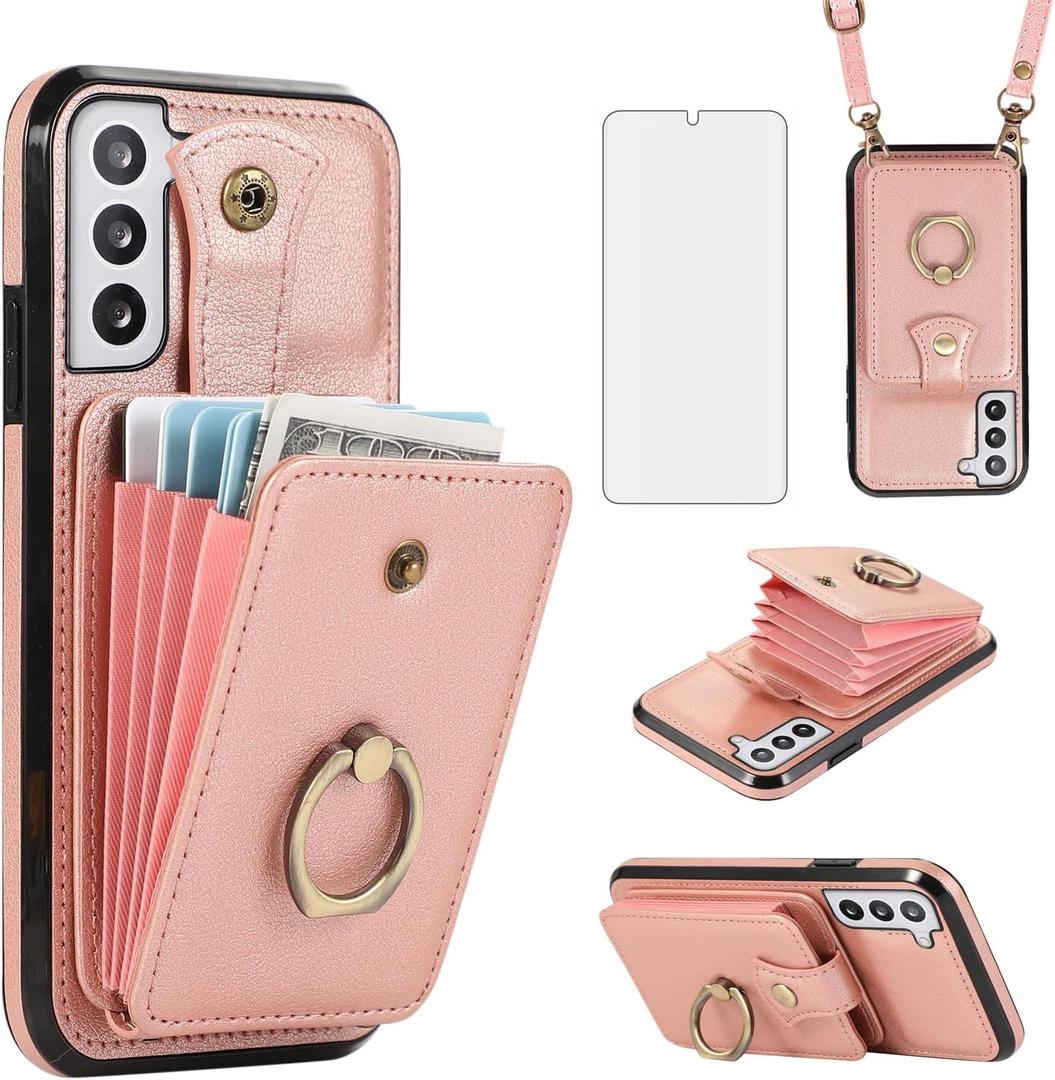 Asuwish Phone Case for Samsung Galaxy S21 5G 6.2 inch Wallet Cell Cover with Tempered Glass Screen Protector and Crossbody Strap Ring Stand RFID Credit Card Holder S 21 21S G5 Women Girls Rose Gold
