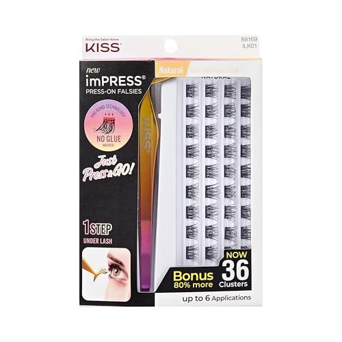 KISS imPRESS Falsies Press On Self Adhesive Eyelashes, 12mm-14mm Natural Volume Press On Lashes, Black, No Glue Needed, Invisible Band, 13 Lash Clusters & Non-Stick Applicator - Natural