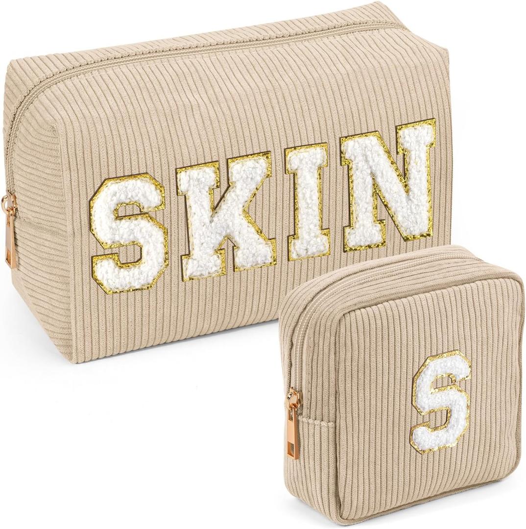 MAGEFY Makeup Bag2 Pcs Initial Cute Makeup Bag for Purse Corduroy Cosmetic Bag for Girls Women Small Travel Makeup Pouch with Zipper(Beige-SKIN+S)
