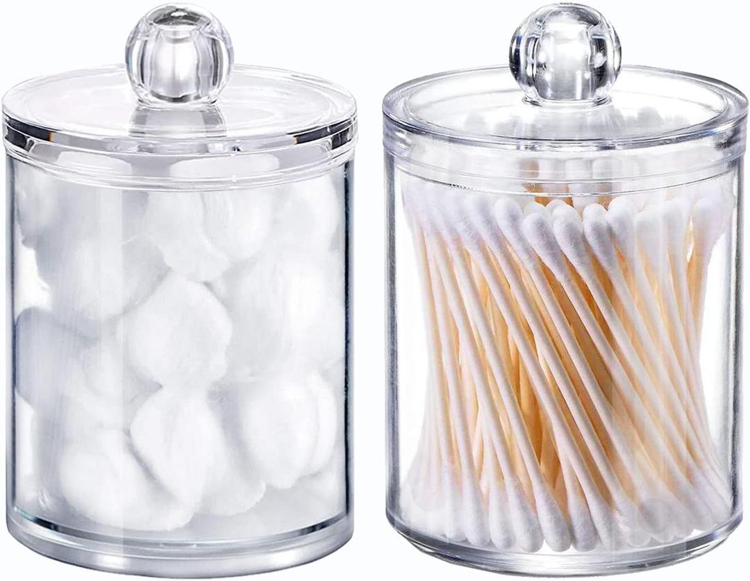 Wellinc Qtip Holder Dispenser for Cotton Ball - 10 oz Clear Plastic Apothecary Jar Set for Bathroom Canister Storage Organization, Vanity Makeup Organizer (2pcs)