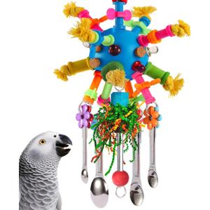 Parrot Toys Bird Toys Perch Pullable Stainless Steel Spoons Colorful Acrylic Stick Chew Toys for Amazons Mini Macaws African Greys Cockatoos Conures, Cockatiels, Lovebirds, Parrotlets and Other (blue)