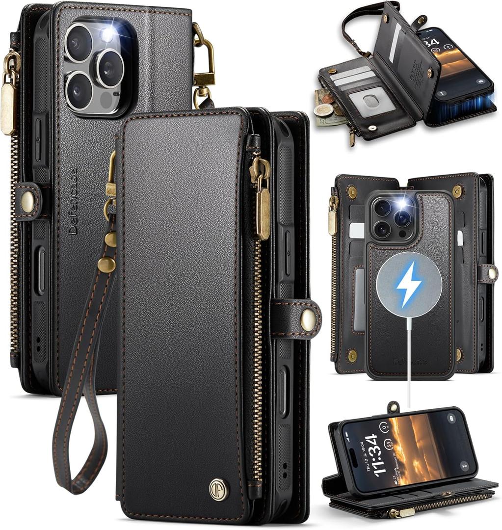 Defencase for iPhone 16 Pro Max Magnetic Wallet Case Compatible with Magsafe with RFID Blocking Zipper Strap Card Holder for Women Men PU Leather Detachable Case for iPhone 16 Pro Max (6.9"), Black