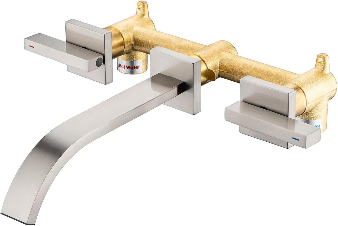 Brass Wall Faucet Brushed Nickel Wall Mounted Bathroom Faucet, Wall Mount Bathroom Sink Faucet, Dual Lever Handle, Rough-in Valve Included, Pt001-BN