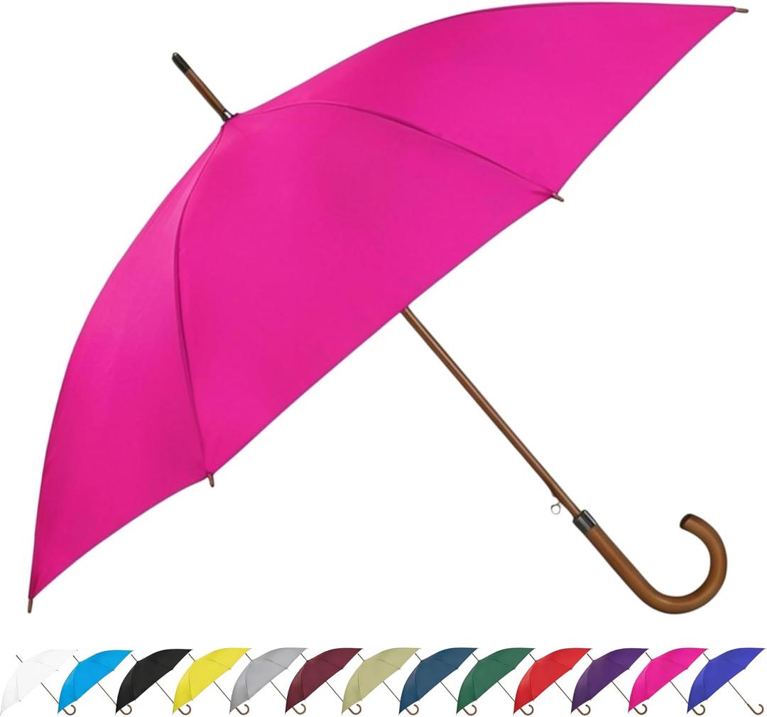 SoulRain 48" Large Umbrella –Windproof Stick Umbrellas for Rain, Automatic Open, Vintage Cane Navy Blue big Umbrella with Classic Wooden Handle,Open for 2 Persons adult,for Women & Men(Bright Pink)