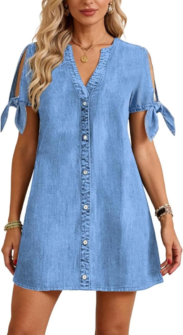 Denim Dress for Women 2026 Summer Casual Cowgirl Blue Jean Dress Tied Sleeves Button Down Shirt Dresses with Pockets