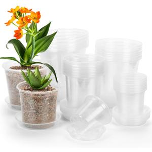 DUNPUTE 40 Pack 4/ 5/ 6/ 7 Inch Clear Nursery Pots with Drainage and Saucer, Clear Plastic Planter Pots for Plants, Flexible Seed Starting Pots for Succulents, Small Herbs, Annual Flowers
