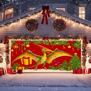 IVN Christmas Garage Door Banner 13x6ft Pteranodon Dinosaur Christmas Backdrop for Outside Inside Winter Banners Xmas Garage Door Cover Garage Wall Decoration for Dinosaur Party Garage Decorations