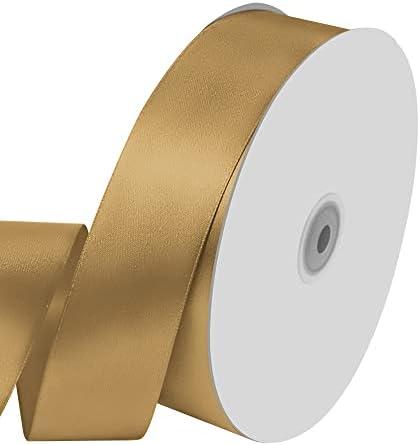 SET OF 2, 1-1/2" Wide x 100 Yards Solid Color Dark Gold Satin Ribbon, Fabric Satin Ribbon for Gift Wrapping, Wreath, Wedding Party Decoration and Other Sewing Projects (Champagne Gold)