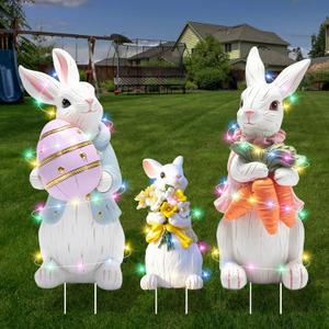 Extra Large Easter Decorations Outdoor Bunny Yard Signs 3pcs with Stakes Cute Bunny Yard Decorations with LED Lights Holiday Welcome Signs for Party, Lawn, Garden Yard Decor