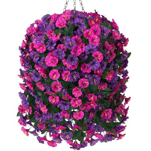 Artificial Fake Flowers Plants Hanging Baskets for Outdoor Outside, Faux Silk Hanging Dark Purple and Fuchsia Morning Glory Trailing Vines UV Resistant Look Real for Porch Patio Home Decoration