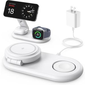 3 in 1 Charging Station for Apple Compatible with MagSafe Charger Stand,Foldable Fast Magnetic Travel Wireless Charger Dock for iPhone 17/16/15/14/13 Series,for Apple Watch,for AirPods (White)