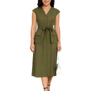 DeftSharp Women's V Neck Workday Dresses Button Down Swing Midi Shirt Dress with Pockets (Green)