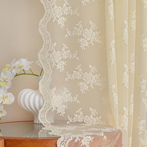 MEETSKY Lace Sheer Curtains 72 Inch Long 2 Panels Set Vintage French Victorian Spring Floral Pattern Design Light Filtering Back Tab Rod Pocket Drapes for Living Room, 50" W Each Panel, Light Yellow
