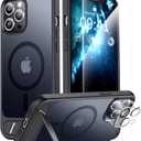 RFUNGUANGO for iPhone 12 Pro Max Magnetic Seamless Stand Case with Screen Protector*2 Lens Protector*2, Compatible with MagSafe, Military Grade Drop Protection, Adjustable Kickstand, Slim MatteBlack