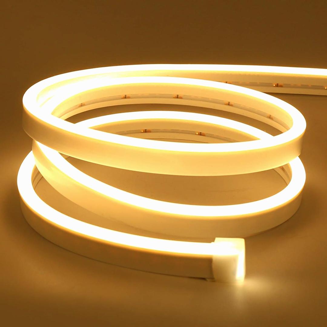 Lamomo LED Neon Rope Lights, 16.4ft/5m Warm White Light Strip 0.39in/Cut, 12V Flexible Waterproof Silicone Neon Sign for Kitchen Bedroom Indoor Outdoor DecorationPower Adapter not Included