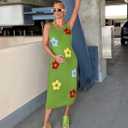 ZESICA Women's Summer Knit Bodycon Midi Dress 2026 Sleeveless Floral Crewneck Color Block Long Beach Party Dresses (L)