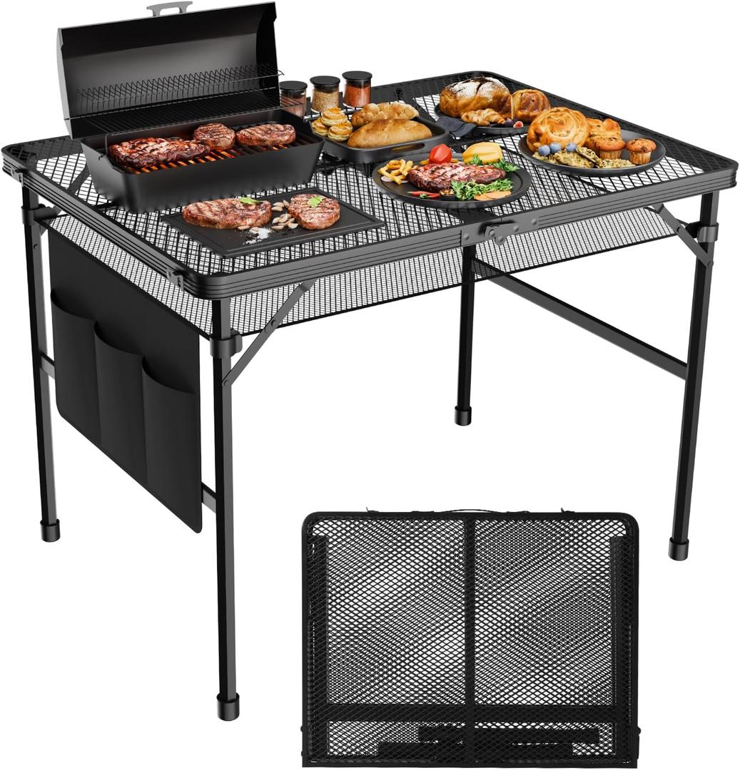 3x2 FT Folding Grill Table, Portable Camping Table for Outside, Adjustable Height Folding Table with Desktop & Mesh Bag, Lightweight Outdoor Table for Camping, Picnic, BBQ (3x2FT, Black)