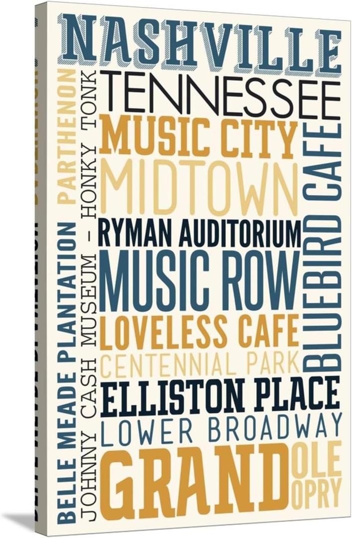 ART.COM Stretched Canvas Print Nashville, Tennessee - Typography by Lantern Press, 24" x 36"